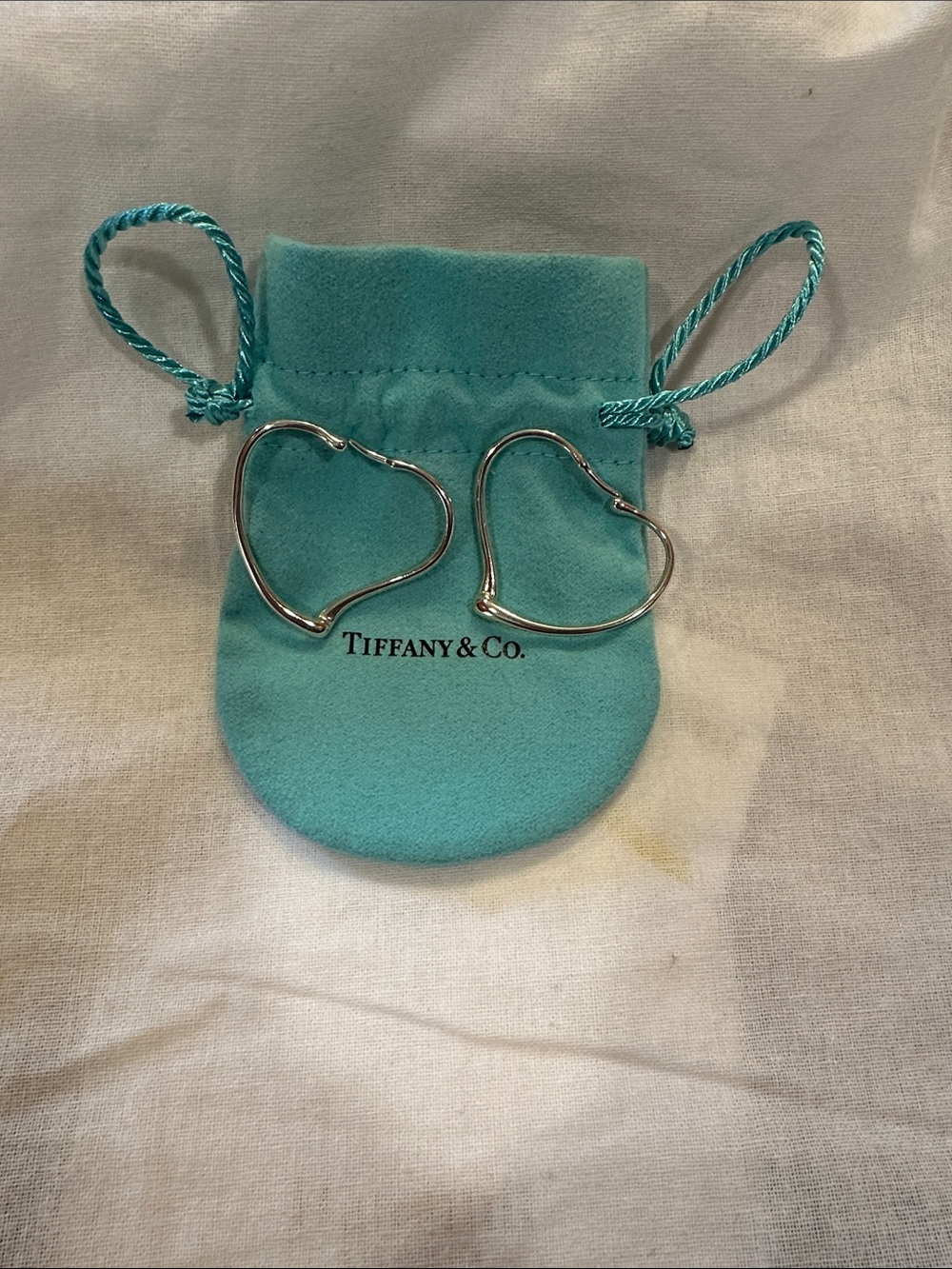 Tiffany & Co Elsa Peretti Sterling Silver Heart Hoop Earrings with Blue Pouch